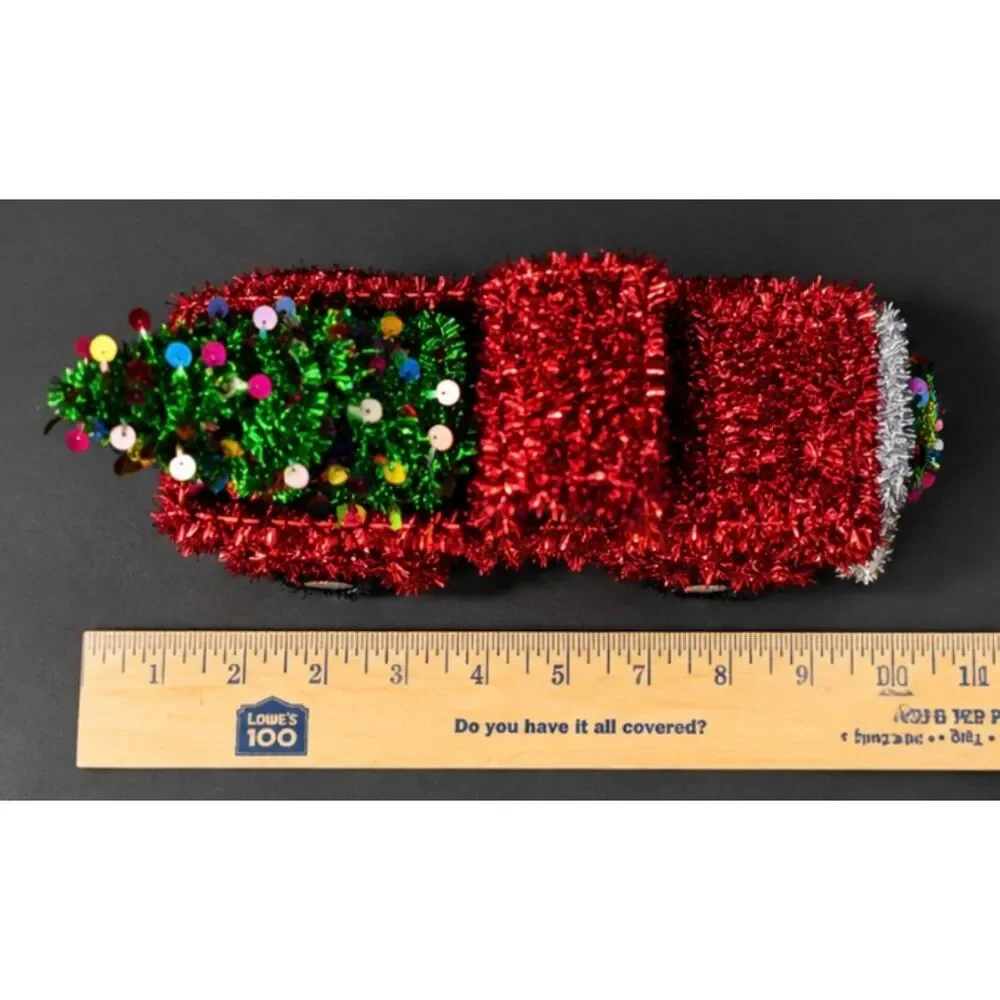 Red Tinsel Christmas Truck Tree Tabletop Decor Sequin Wreath 10.5